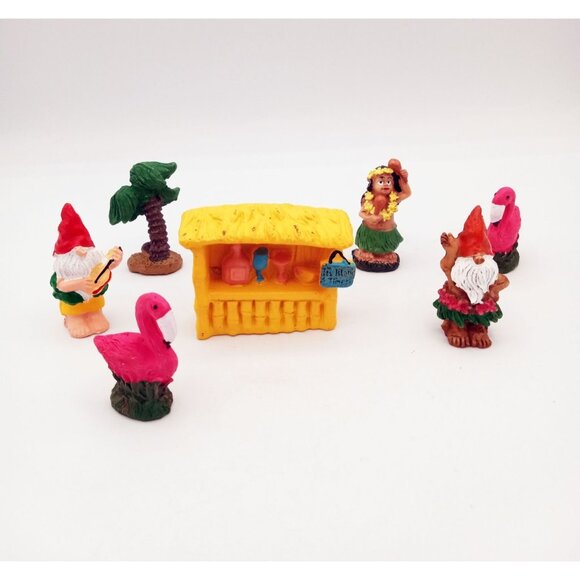 Fairy Garden Gnome Tiki Bar Hula Dancer Flamingos Ukulele Palm Tree 7 Piece Set - Picture 2 of 14